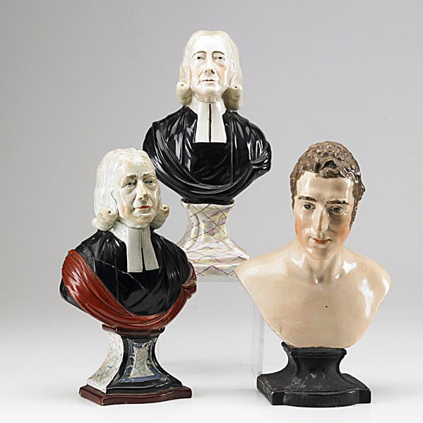 ENGLISH PEARLWARE: ENGLISH PEARLWARE; Three busts, two of John Wesley and one of Wellington, 19th c.; Tallest: 12 1/4''