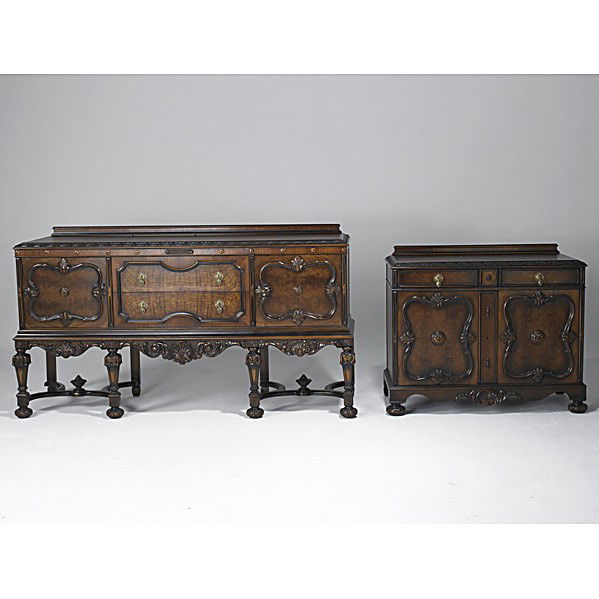 BERKEY & GAY DINING ROOM SET: BERKEY & GAY DINING ROOM SET; Ten pieces in walnut include table, six chairs, china cabinet, buffet and server, ca. 1930; Table: 30'' x 65 1/2'' x 42''