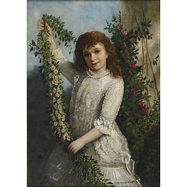 JOHN O'BRIEN INMAN (American 1828-1896): JOHN O'BRIEN INMAN (American 1828-1896); Oil on canvas portrait of a young girl with garlands, 1880 (framed); Signed and dated; 22'' x 16''