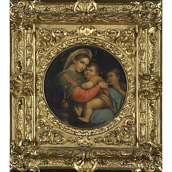 19TH C. ITALIAN (AFTER RAPHAEL): 19TH C. ITALIAN (AFTER RAPHAEL); Oil on canvas of ''Madonna of the Chair'' (period frame); Florence gallery label (verso); 10 3/8'' x 10 3/8''; 21'' x 18'' (frame)