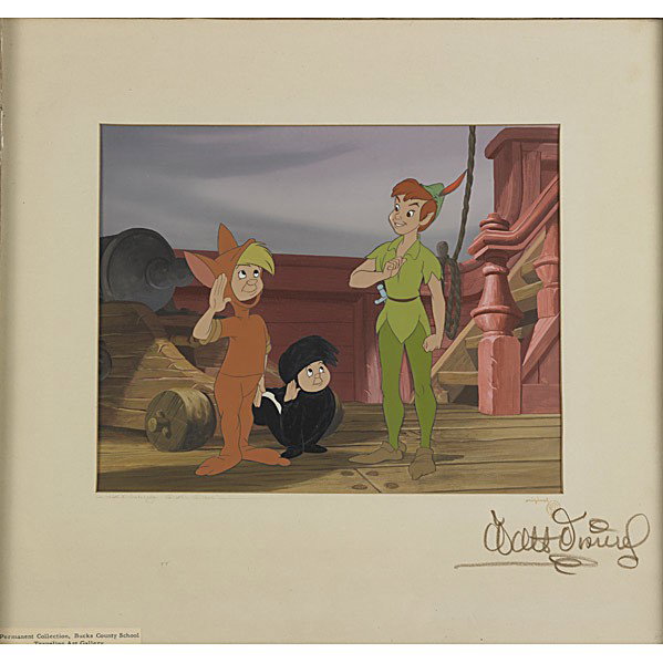 WALT DISNEY ANIMATION CEL: WALT DISNEY ANIMATION CEL; ''Peter Pan'', (Peter Pan and the Lost Boys) ca. 1953 (framed); Signed Walt Disney on the mat; 11'' x 12 1/2''