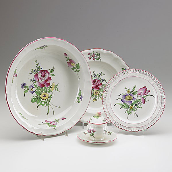 KELLER & GUERIN / LUNEVILLE FRANCE: KELLER & GUERIN; LUNEVILLE (FRANCE); Fifty-four piece mixed faience set includes fourteen dinner plates, ten luncheon plates, five soup bowls, twelve reticulated cake plates, covered tureen, gravy boa