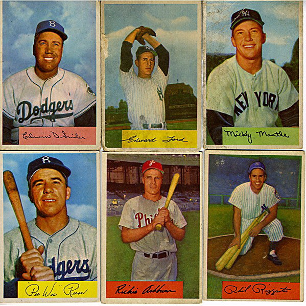 BOWMAN BASEBALL CARDS: BOWMAN BASEBALL CARDS; Approx. 217 cards, partial set, 1954; (2) #1 Phil Rizzuto, #65 Mickey Mantle, #66 Ted Williams, #89 Willie Mays, #161 Yogi Berra, #170 Duke Snider
