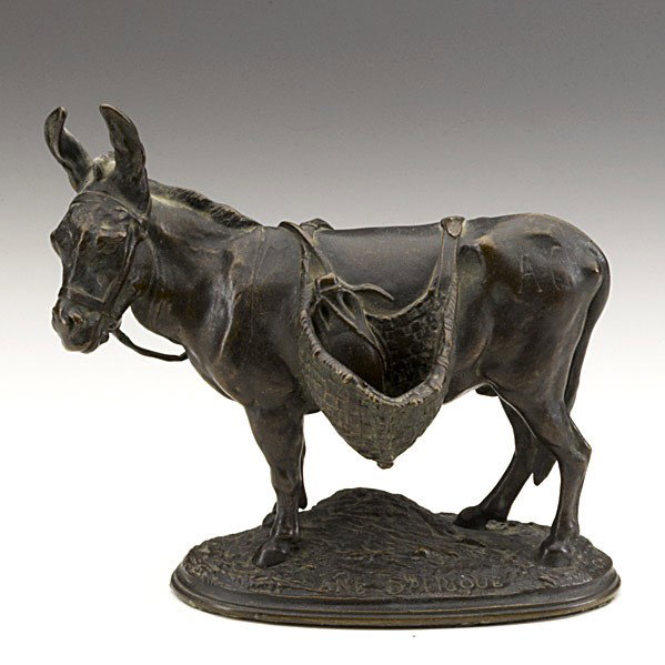 AUGUSTE NICOLAS CAIN (French, 1822-1894): AUGUSTE NICOLAS CAIN (French, 1822-1894); Bronze of a donkey with saddlebags, late 19th c.; Stamped "Ane D"Afrique" and Cain; 6" x 5 3/4" x 2 3/4"