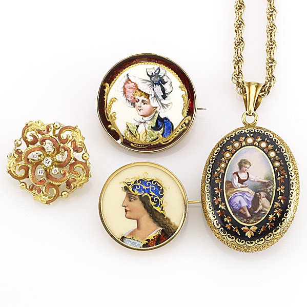 ENAMELED GOLD JEWELRY: ENAMELED GOLD JEWELRY Four pieces, ca. 1880-1920: locket with tracery enamel and seed pearls depicts woman and dogs; two portrait brooches; Rococo brooch with diamonds. 41 gs. GW. Largest: 1 1/2''