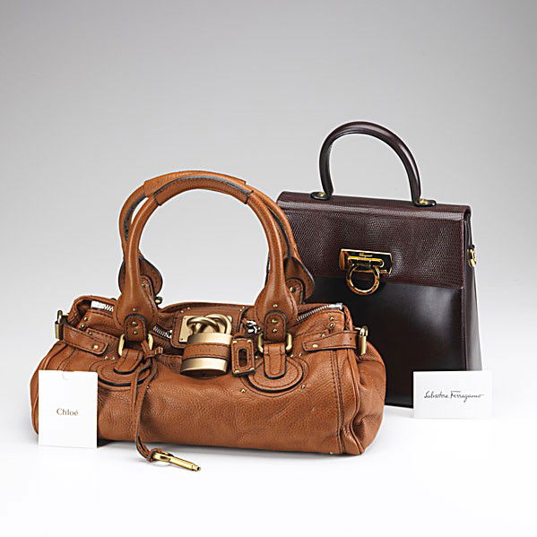 CHLOE AND SALVATORE FERRAGAMO HANDBAGS: CHLOE AND SALVATORE FERRAGAMO HANDBAGS Chloe ''Paddington'' bag in soft, dark caramel leather with beige cotton interior and brass padlock, key and studs, 15'' x 8'' x 7 1/2''; Salvatore Ferragamo tai