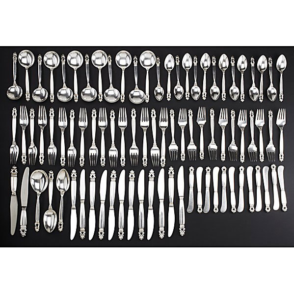 GEORG JENSEN ''ACORN'' SILVER FLATWARE SERVICE: GEORG JENSEN ''ACORN'' SILVER FLATWARE SERVICE Denmark ca. 1950. Six-piece service for twelve with 3 serving spoons and 8 extras, (16) 7 3/8'' dinner forks; 6 1/2'' salad/dessert forks; 6 1/4'' round 