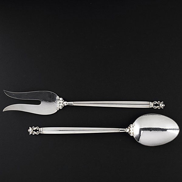 GEORG JENSEN ''ACORN'' SILVER SALAD SERVERS: GEORG JENSEN ''ACORN'' SILVER SALAD SERVERS (Denmark) 12 7/8'' fork and 12 1/8'' spoon. Post-war. 8.65 OT