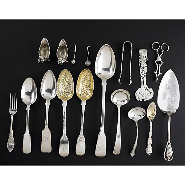 SILVER SERVING PIECES: SILVER SERVING PIECES Seventeen pieces, 1808-1940. 9 3/4'' cake server by Paul Petersen, Canada; 12'' stuffing spoon by Crossley and Smith, London, 1808; (2) 9 1/4'' berry spoons by T. Cox Savory, Lon