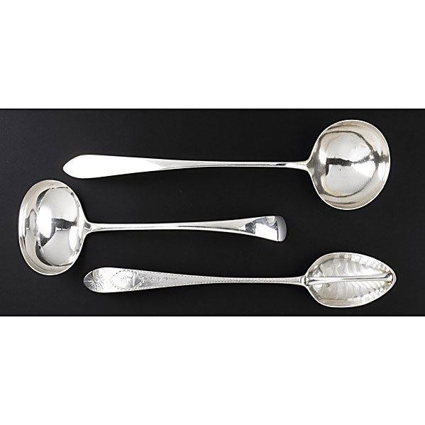 AMERICAN SILVER SERVERS: AMERICAN SILVER SERVERS ca. 1860 Hevland sterling divided gravy strainer spoon, armorial and bright cut handle; Martin & Co. coin silver soup ladle, A1; Gibson sterling soup ladle. 12.72 OT. Longest 1