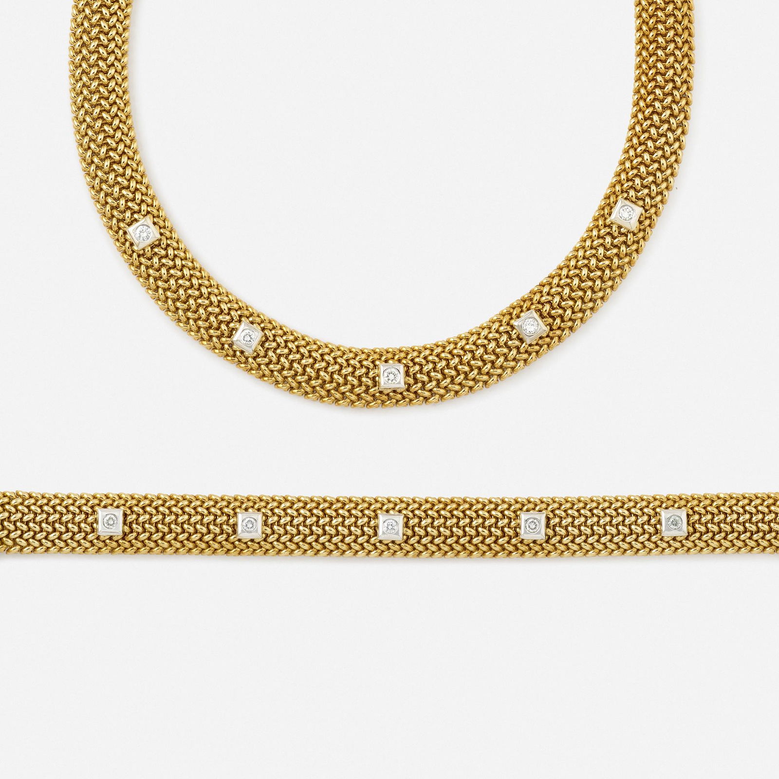 Chimento, Diamond and gold necklace with bracelet: Chimento Diamond and gold necklace with bracelet Of woven gold, set with round brilliant-cut diamonds 18k yellow and white gold Necklace 17 in, bracelet 7.50 x 0.50 in; Gross weight 75.7 dwts
