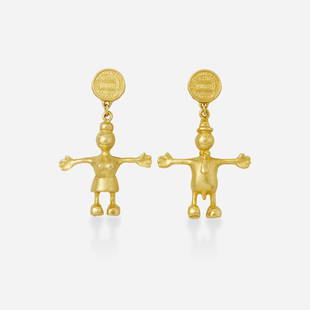 Tom Otterness, Earrings: Tom Otterness Earrings These pair of earrings are from the unlimited edition of which approximately only 300 were realized. One female, the other male; c. 1995 Gold-plate 1.75 x 1 in; Gross weight 17.