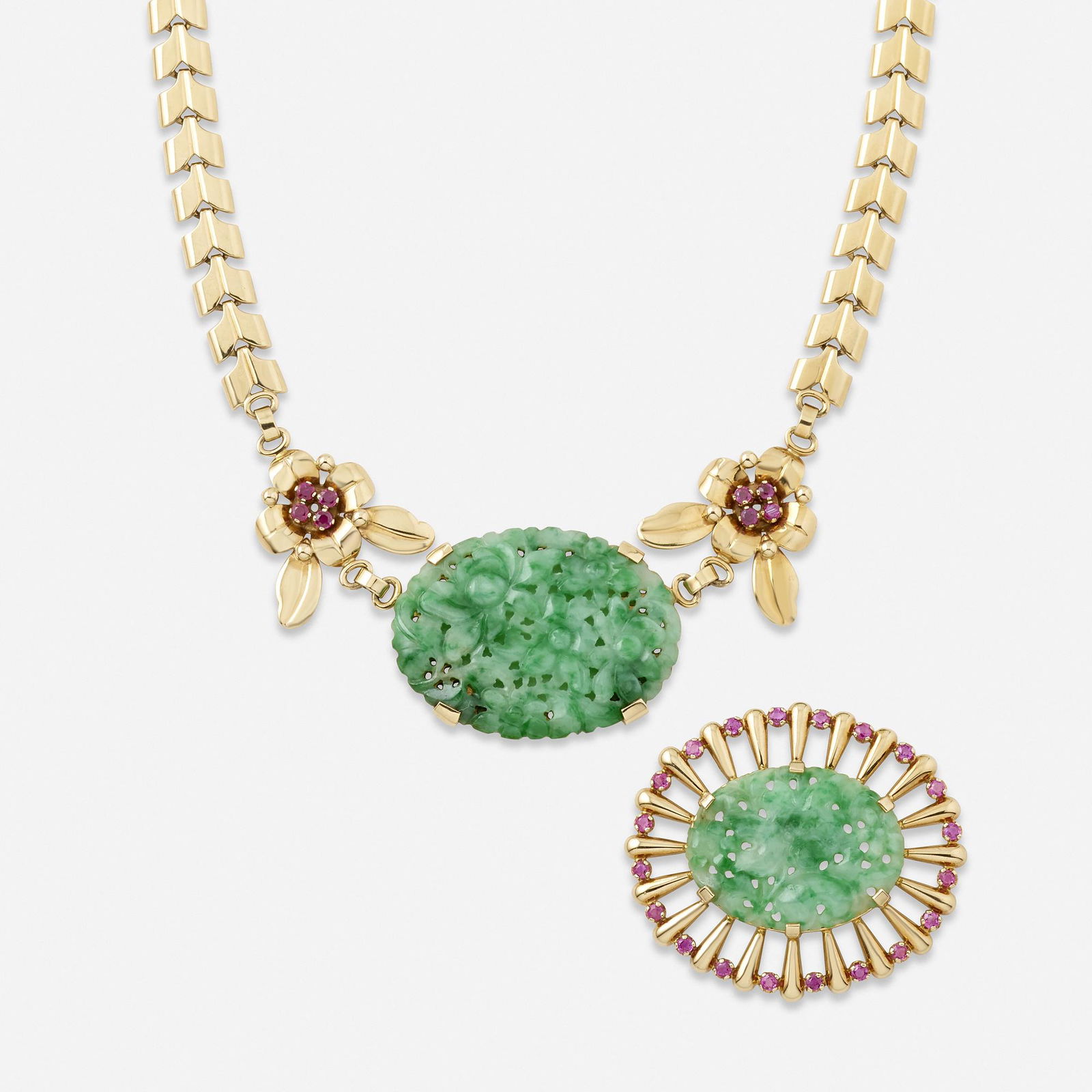 Retro, Jade and ruby necklace with brooch (1 of 2)