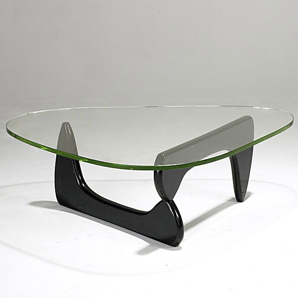 ISAMU NOGUCHI/ HERMAN MILLER: ISAMU NOGUCHI; HERMAN MILLER; Early IN-50 glass and laquered wood coffee table; Unmarked; 16'' x 50'' x 36''