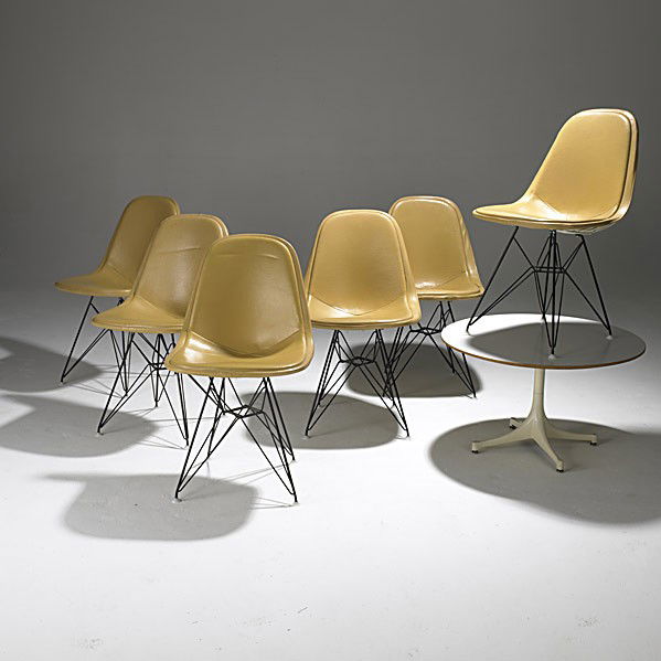 CHARLES EAMES & GEORGE NELSON/ HERMAN MILLER: CHARLES EAMES AND GEORGE NELSON; HERMAN MILLER; Set of six Eiffel Tower side chairs together with swag-leg coffee table; Herman Miller fabric labels; Chairs: 32'' x 19'' x 21''