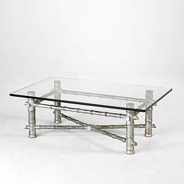 STYLE OF JAMES MONT: STYLE OF JAMES MONT; Glass topped coffee table, bamboo turned metal base, 20th c.; 16 1/2'' x 48'' x 30''