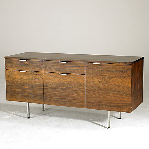GEORGE NELSON; HERMAN MILLER: GEORGE NELSON; HERMAN MILLER; Rosewood and chromed steel credenza; Metal label; 27'' x 55 1/2'' x 19 1/2''