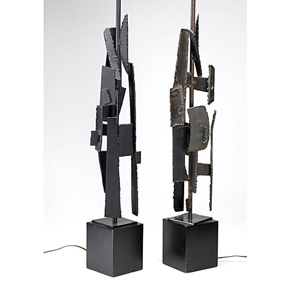 HARRY BALMER/ LAUREL: HARRY BALMER; LAUREL; Pair of sculptural steel table lamps on cast aluminum bases; Unmarked; 36 1/2'' x 5 1/4'' sq.