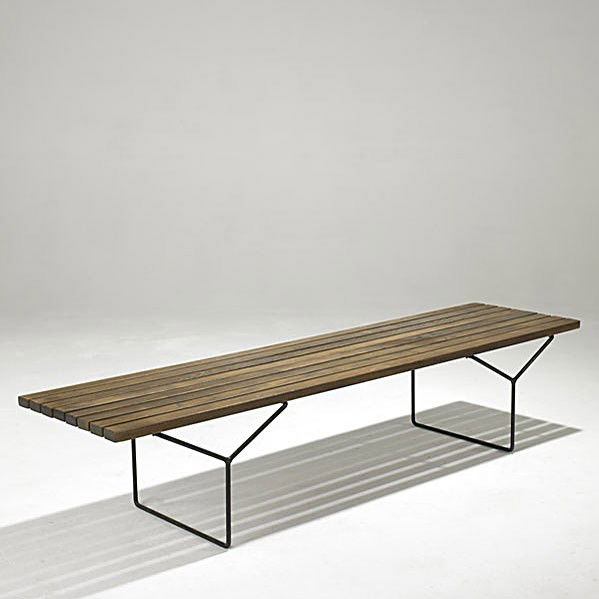 HARRY BERTOIA / KNOLL: HARRY BERTOIA; KNOLL; Slat bench in oak with enameled steel; Unmarked; 15 1/2'' x 18'' x 72''