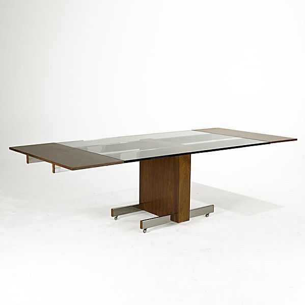 VLADIMIR KAGAN: VLADIMIR KAGAN; Walnut, glass and chromed steel Cubist dining table; Unmarked; 29 1/2'' x 101'' (opened) x 43 1/2''