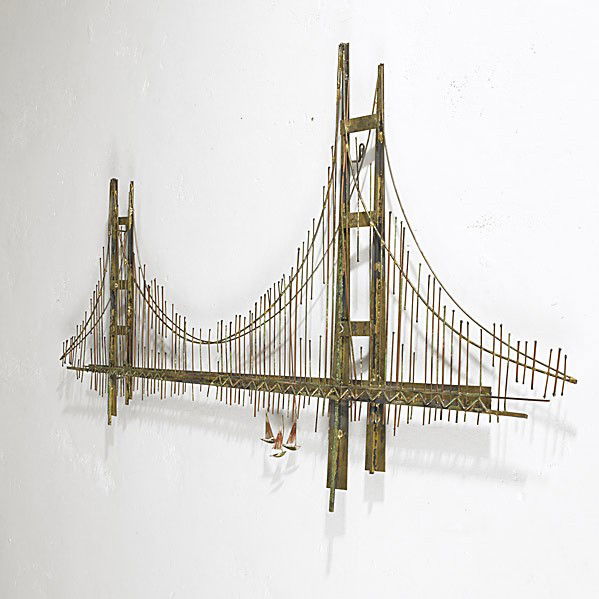 CURTIS JERE: CURTIS JERE; Mixed metals wall sculpture of the Golden Gate Bridge; Signed C. Jere; 32'' x 59'' x 2 1/2''