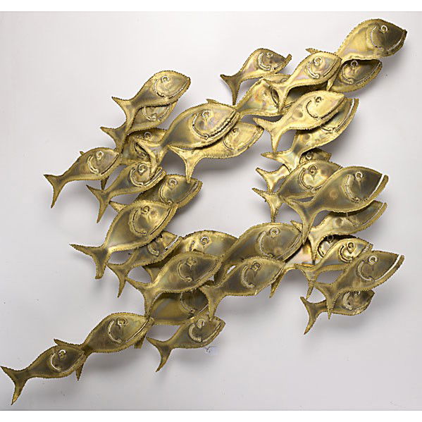 STYLE OF CURTIS JERE: STYLE OF CURTTIS JERE; Brass wall mounted sculpture; Illegibly signed; 29'' x 52''
