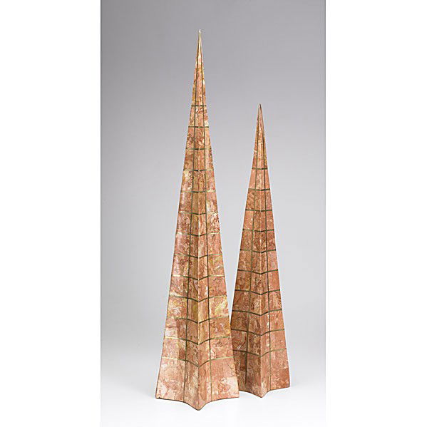 CONTEMPORARY: CONTEMPORARY; Pair of decorative marble obelisks with brass banding; Taller: 35''