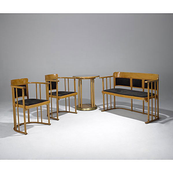 JOSEF HOFFMANN / THONET: JOSEF HOFFMANN; THONET; Beech parlor suite of settee, pair of armchairs and occasional table, designed ca. 1905, produced 1960s; Unmarked; Settee: 32'' x 46 1/2'' x 20'', Table: 29'' x 24'' dia.