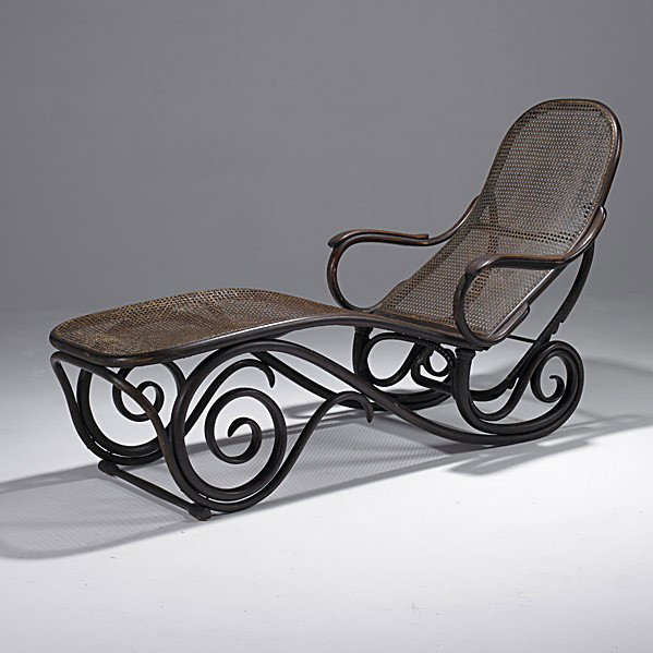 MICHAEL THONET: MICHAEL THONET; Adjustable beech and woven cane lounge chair, Austria, 1910; Unmarked; 38 1/2/'' x 28'' x 63''