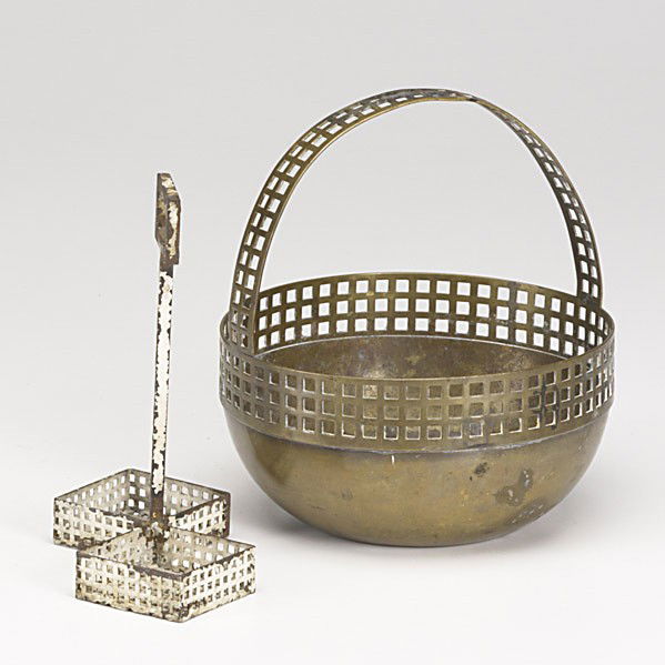 STYLE OF JOSEF HOFFMAN: STYLE OF JOSEF HOFFMAN; Two pieces: brass cruet carriage and basket; Taller: 6 5/8''