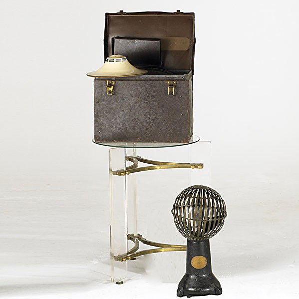 ART DECO, ETC.: ART DECO, ETC.; Savory Airator, Knock Down table lamp parts in original case, and lucite and brass occasional table base, missing top; Savory Airator: 21''