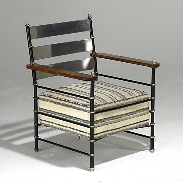 WARREN McARTHUR: WARREN McARTHUR; Early and rare stainless, chromed and enameled steel armchair with wool upholstery; Unmarked; 32'' x 25'' x 24''