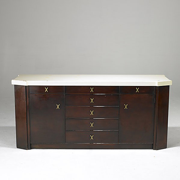 PAUL FRANKL/ JOHNSON FURNITURE CO.: PAUL FRANKL; JOHNSON FURNITURE CO.; Cork, mahogany and brass sideboard; Unmarked; 32'' x 72'' x 21''