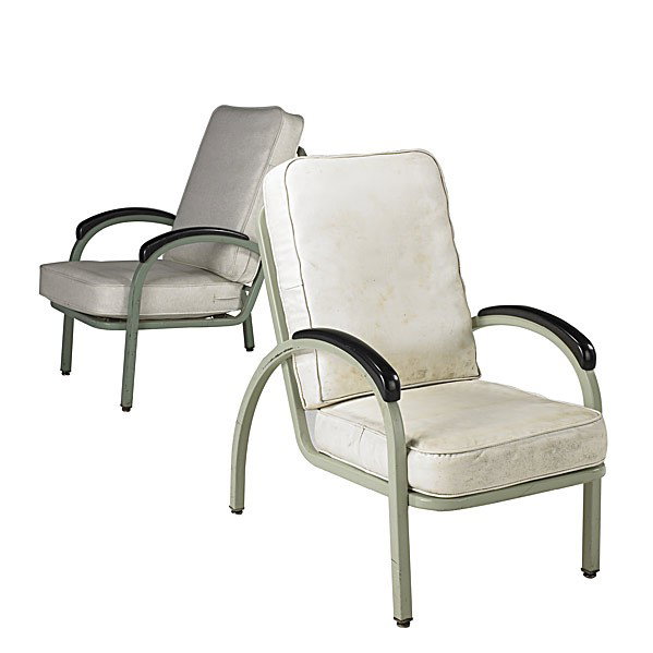 NORMAN BEL GEDDES/SIMMONS CO.: NORMAN BEL GEDDES; SIMMONS CO.; Pair of enameled steel chairs with vinyl cushions; Simmons labels; 37'' x 23 1/4'' x 37''
