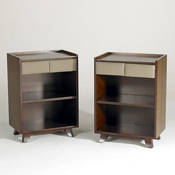 GILBERT ROHDE/ HERMAN MILLER: GILBERT ROHDE; HERMAN MILLER; Pair of mahogany and leather nightstands; Unmarked; 25'' x 18'' x 12 1/2''