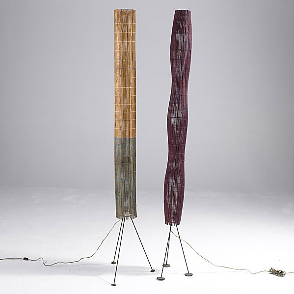 STYLE OF TONY PAUL: STYLE OF TONY PAUL; Two reed and iron floor lamps; Unmarked; 77 1/2'' x 16'' dia.