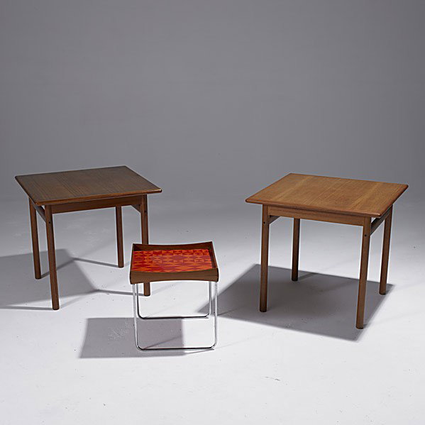 GEORG JENSEN: GEORG JENSEN; Enameled steel, teak and chrome steel frame occasional table together with two teak Danish modern side tables; Unmarked; Jensen table: 14 1/2'' x 14 1/2'' sq., Danish tables: 22'' x 24''
