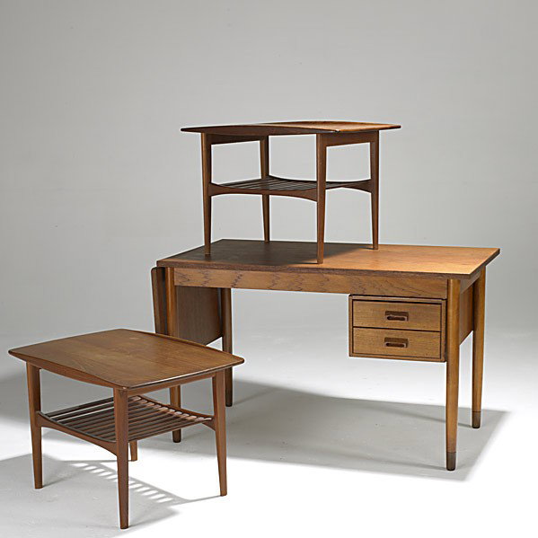 FINN JUHL/ JOHN STEWART: FINN JUHL; JOHN STEWART; Pair of teak sofa tables together with Danish modern drop-leaf desk with sliding bank of drawers; Desk: 29'' x 63'' x 26'', tables: 20'' x 29 1/2'' x 20''