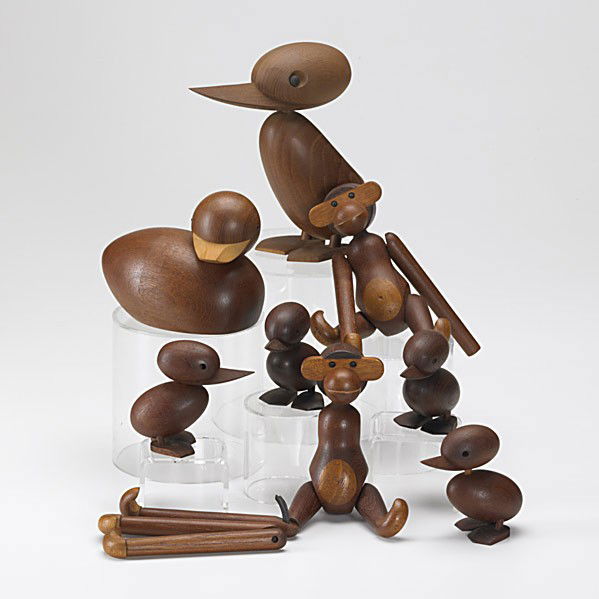KAY BOYANSEN/ HANS BOLLING/ SKYODA: KAY BOYANSEN; HANS BOLLING; SKYODA; Teak animals: four monkeys and nine ducks; All marked; Some missing parts and loose joints; Mother duck: 7 1/2'' x 8'' x 3''