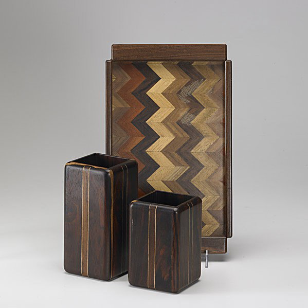 DON SCHUMACHER: DON SCHUMACHER; Two vessels and tray made of exotic hard woods; Tallest: 8''