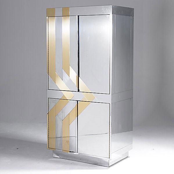 STYLE OF PAUL EVANS: STYLE OF PAUL EVANS; Four door chrome and brass cabinet; 72'' x 36'' x 22''