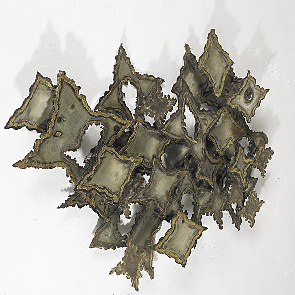 STYLE OF CURTIS JERE: STYLE OF CURTIS JERE; Metal and brass sculpture; Unmarked 29'' x 43'' x 3''