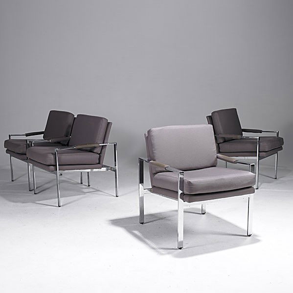 MILO BAUGHMAN/ THAYER COGGIN: MILO BAUGHMAN; THAYER COGGIN; Set of four chromed steel armchairs; Unmarked; 31''x 25'' x 29''