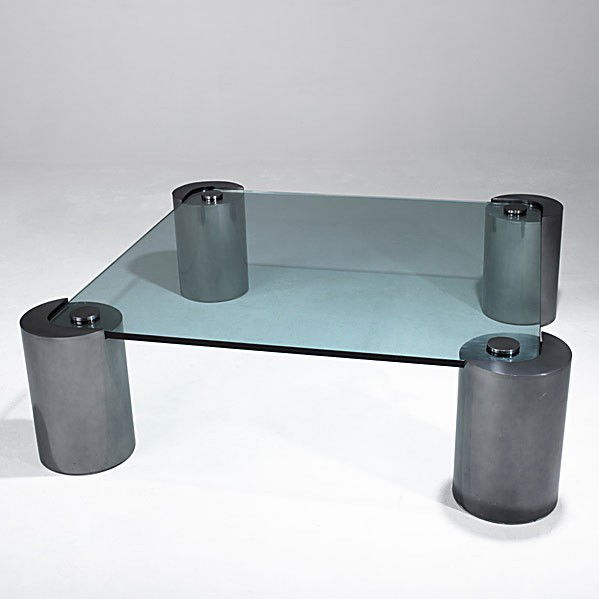 STYLE OF KARL SPRINGER: STYLE OF KARL SPRINGER; Nickel-plated brass and glass cocktail table; Unmarked; 15 1/2'' x 53 1/4'' sq.