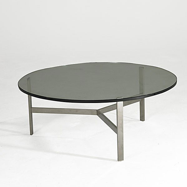 WARD BENNETT (Attr.): WARD BENNETT (Attr.); Stainless steel and glass coffee table; 16'' x 42'' dia.
