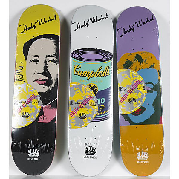 AFTER ANDY WARHOL (American, 1928-1987): AFTER ANDY WARHOL (American, 1928-1987); Screenprint on three Supreme skateboard decks (in wrappers); Stamped signature; Each: 31'' x 7 7/8''