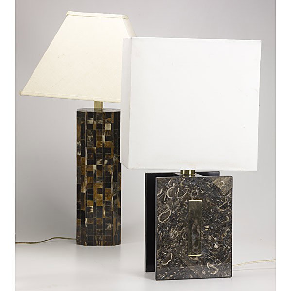 MODERN LIGHTING: MODERN LIGHTING; Two table lamps: stone clad with brass accents and horn clad; Taller: 30 1/2''