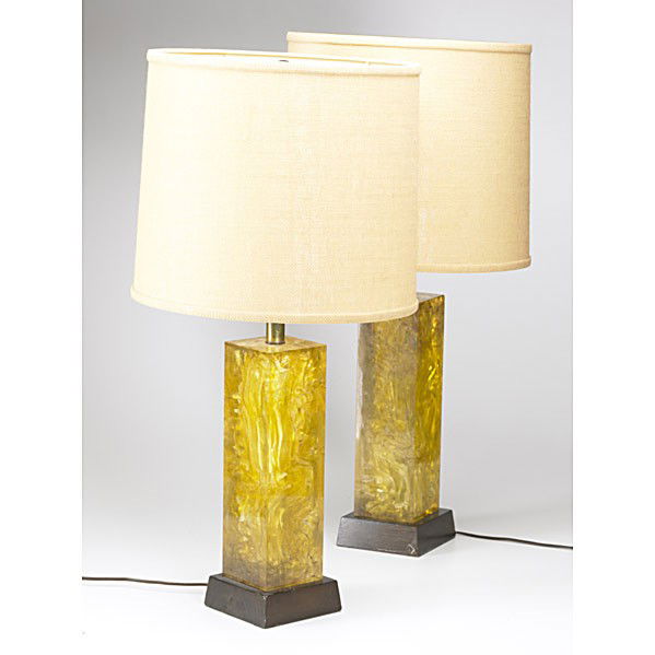 MODERN: MODERN; Pair of cast resin table lamps on walnut bases; Unmarked; 15'' x 5 1/2'' sq.