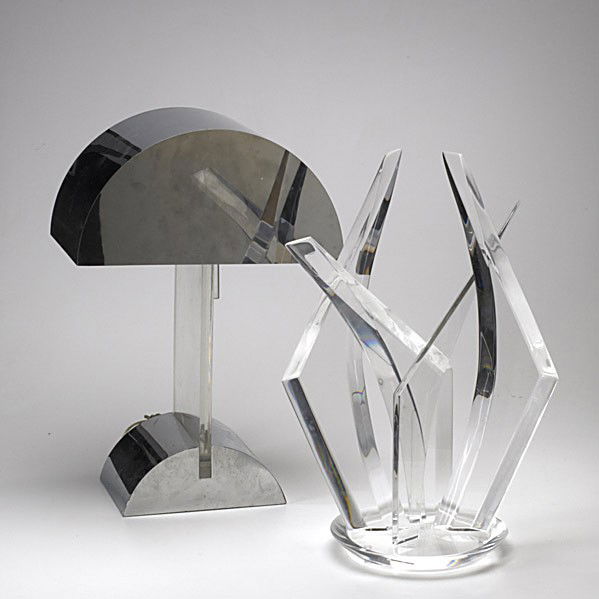 PIERRE CARDIN (Attr.)/ VAN TEAL: PIERRE CARDIN (Attr.)/ VAN TEAL; Lucite and chrome table lamp together with lucite sculpture signed Van Teal; Lamp: 23 1/2'' x 16'' x 10''