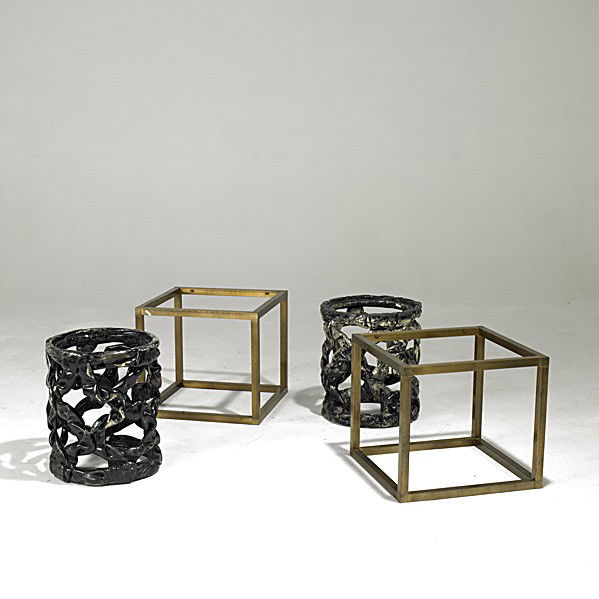 MODERN: MODERN; Pair of acrylic cylindrical occasional bases together with pair of bronze side table bases; Bronze: 16'' x 18'' sq.